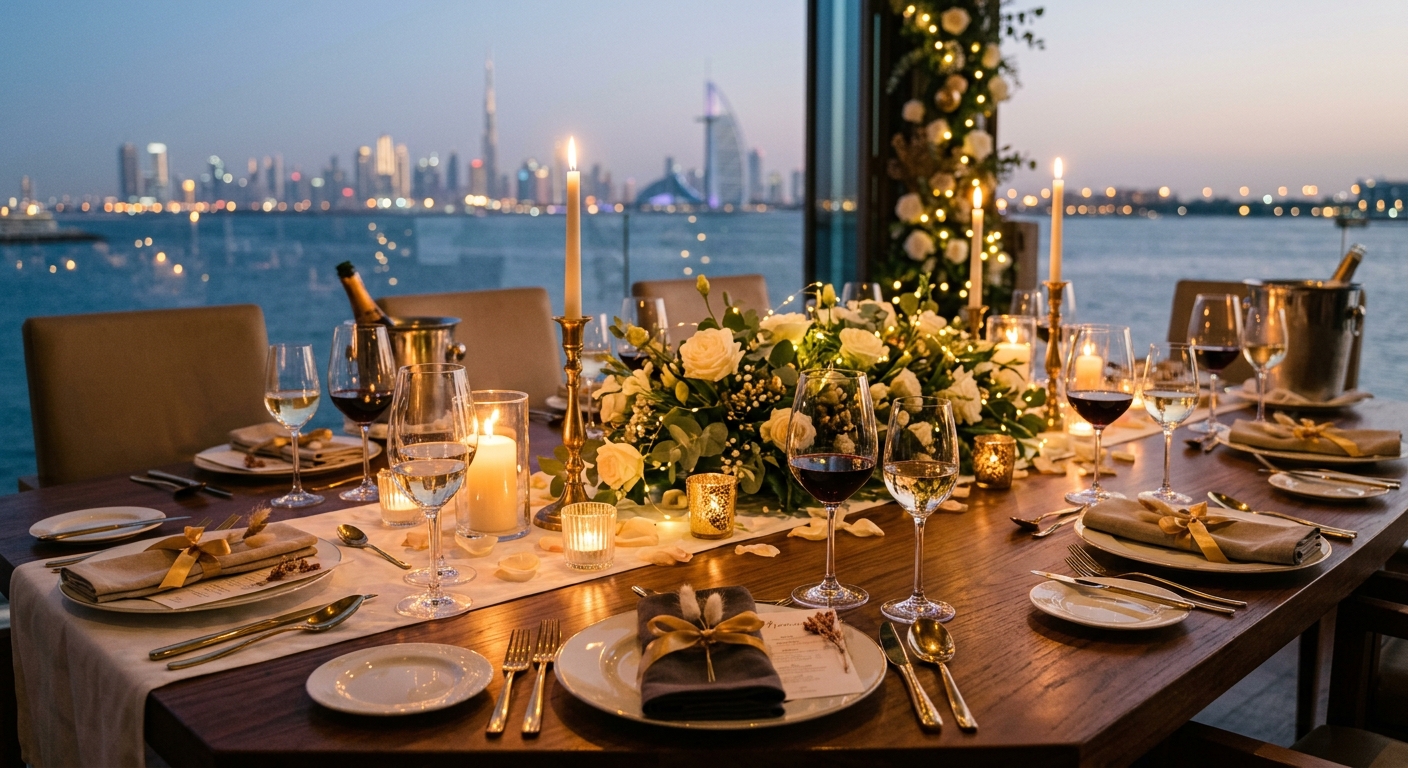 Elegant table set for a birthday dinner in Dubai with city skyline view