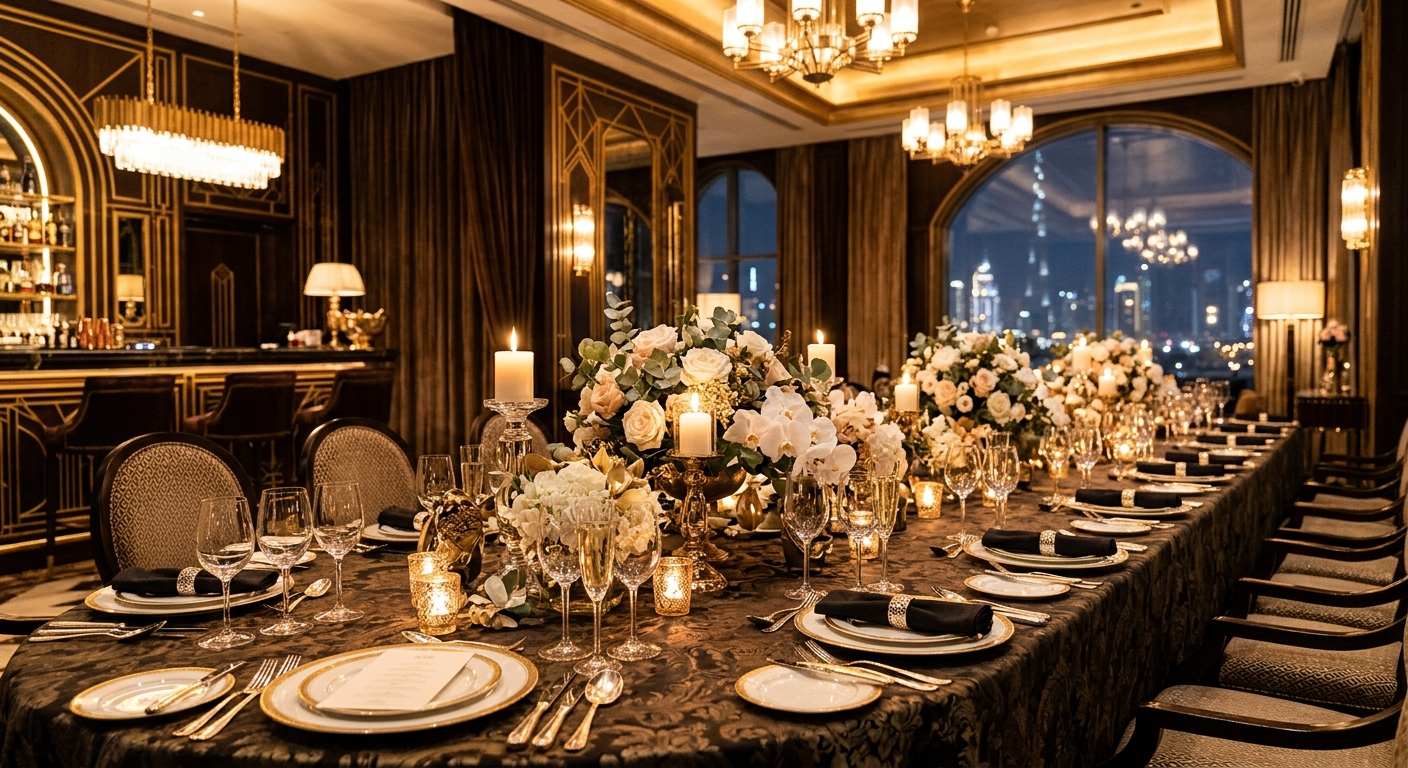 Private event venue in Downtown Dubai set with an elegant banquet table