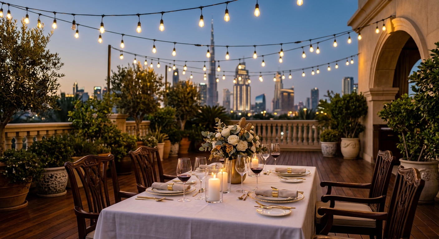 Terrace dining in Dubai with candlelit table and skyline view at Chaplin restaurant